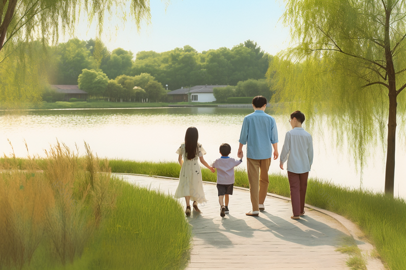 湖边公园散步一家三口背影,高清,摄影图,摄影图片,图片大全,摄影图免费下载